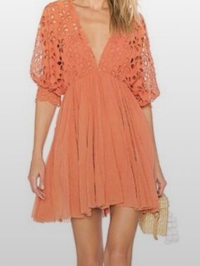 Free People Coral Eyelet Asymmetrical Mini Dress